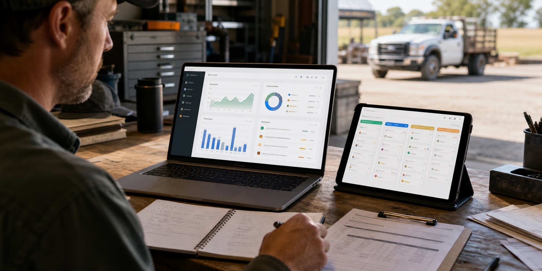 Owner reviewing dashboard screens for leads, quotes, weekly metrics, and campaign work.